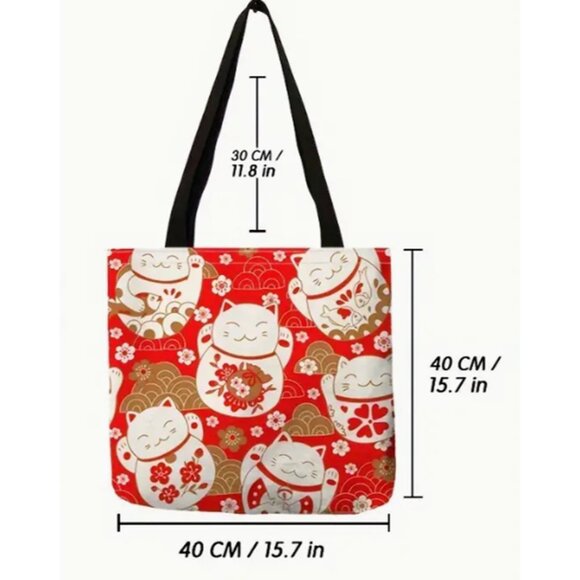 Waving Lucky Hello Cat Kitty Canvas Bag Large Purse Handbag 15.7" - Picture 3 of 5